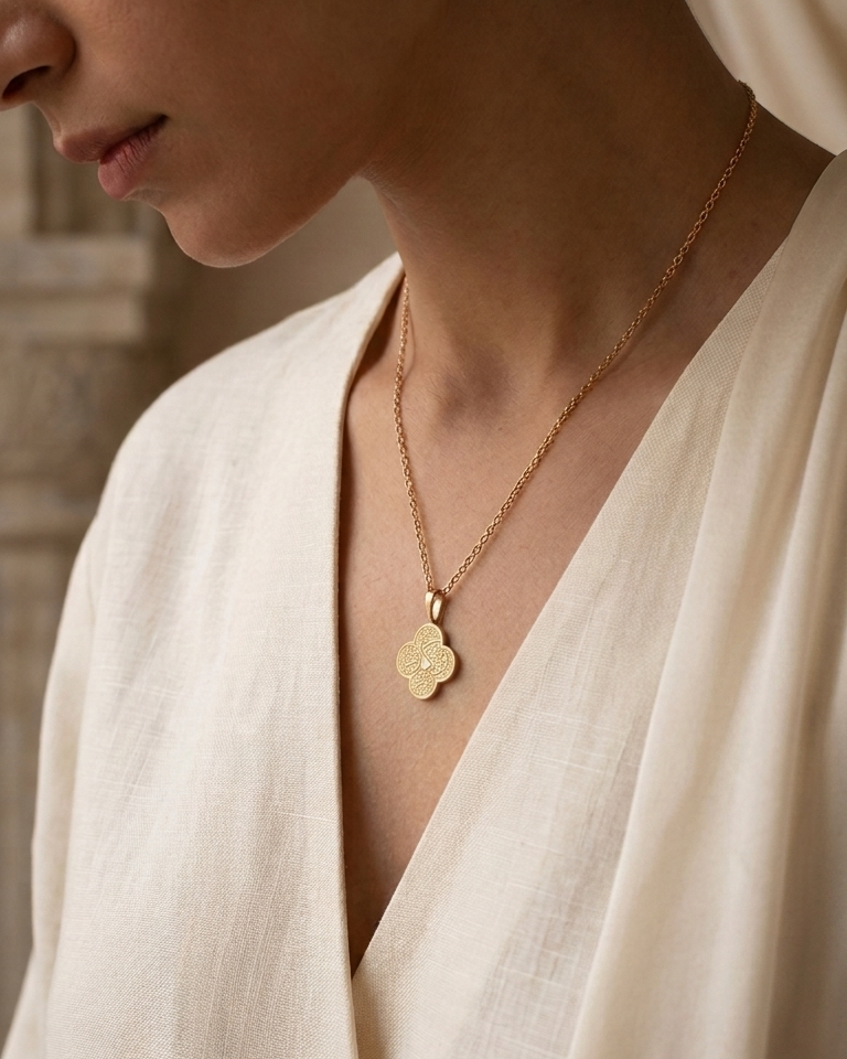 Woman wearing a gold necklace with a pendant in a softly lit setting